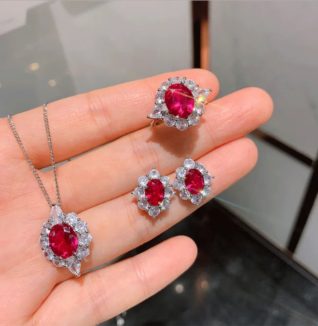 
Sterling Silver 925 Wedding Party Jewels High Quality Sparkling Pigeon Blood Ruby Diamond Stud Earrings Necklace Set 
