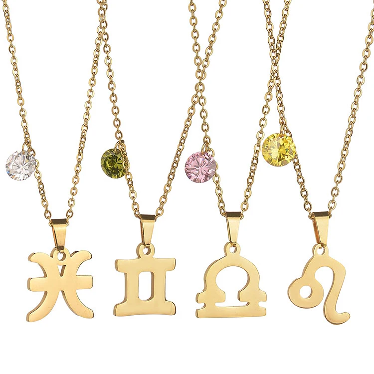 2021 Fashion Stainless Steel Solitaire Cubic Zirconia Diamond Stone Zodiac Sign Necklace Jewelry for Women gift