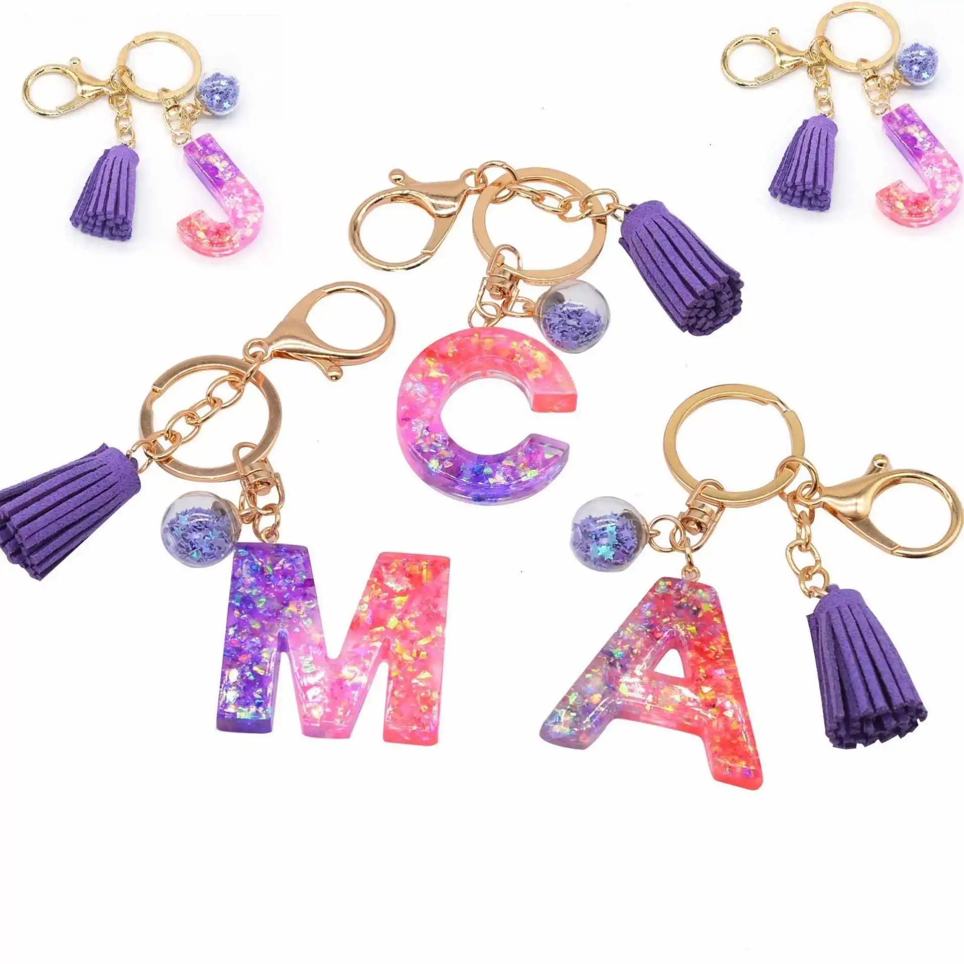 Handbag Pendant Cute Car Keyring Charm Gift Alphabet Tassel Keychains Purple 26 A-Z Letters Initial Resin Key Chain Rings