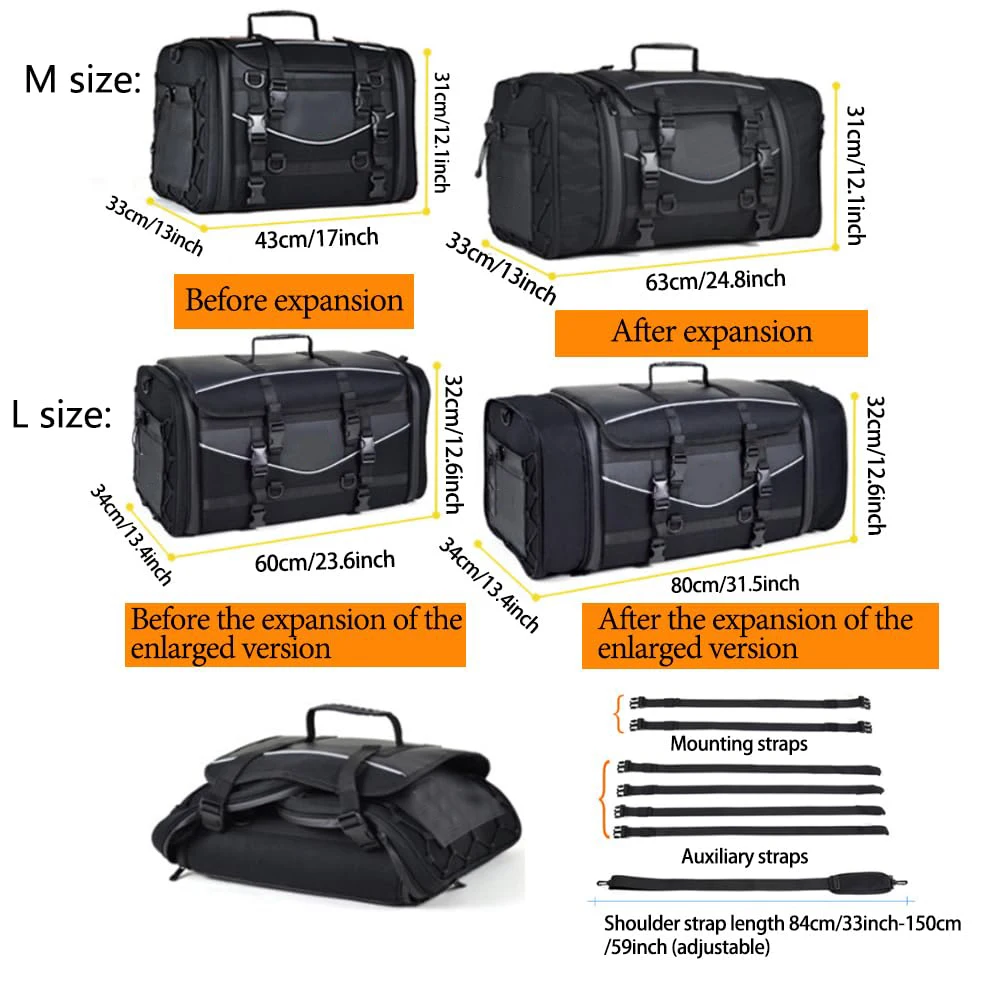 Motorcycle duffel bag, motorcycle tail bag, large capacity 65-85L expandable motorcycle tank bag