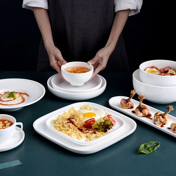 Microwave & dishwasher safe porcelain tableware dishes set plates white luxury dinnerware set modern restaurant ceramic dinner
