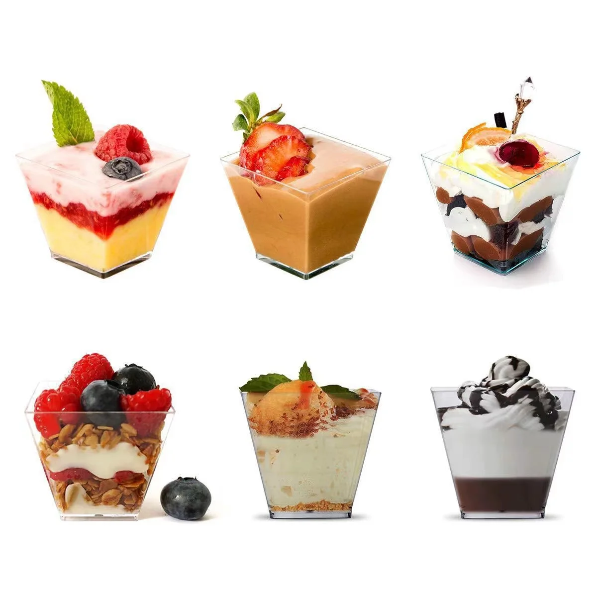 Mini mousse pudding jelly yogurt cup tasting cup transparent square hard PS disposable cups with lid
