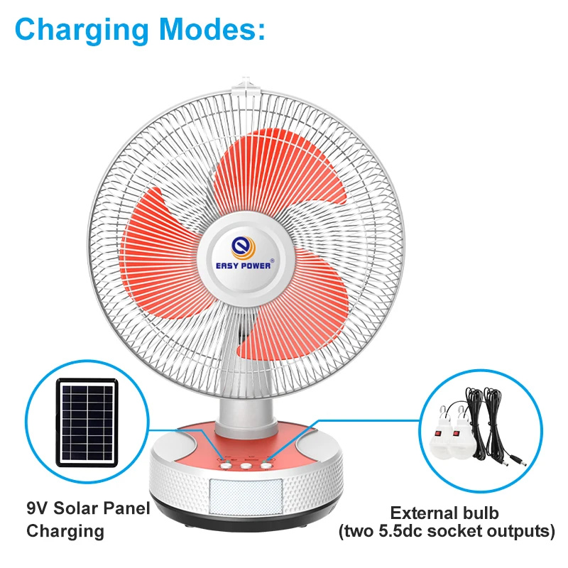 EP-2512  easy operate solar power rechargeable fan with Led light AC DC table fan rechargeable battery operated fan for home