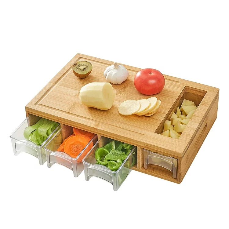 
Premium Large Bamboo Grooves Cutting Board With 4 Containers Drawer 