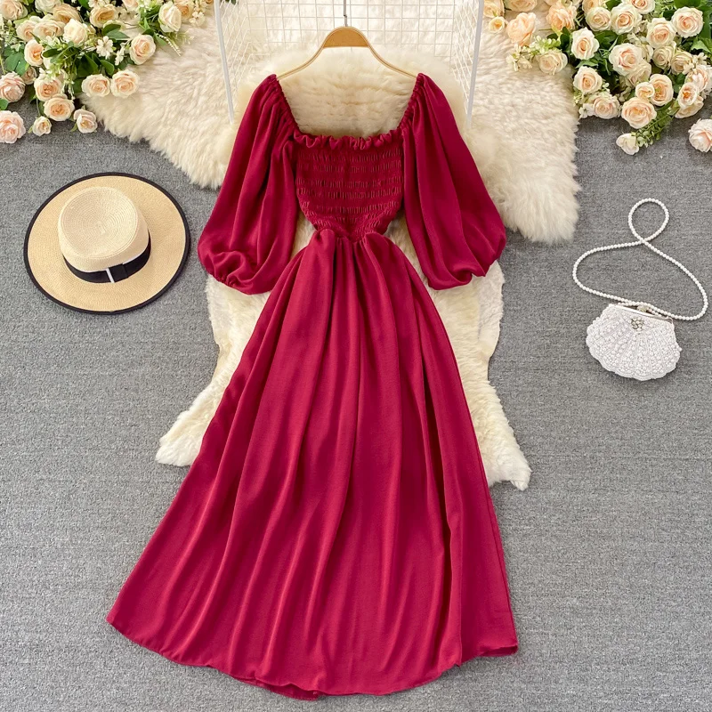 New Korean Open Back Square Neck High Waist Slim Fit Dress A Line Large Swing Long Dress