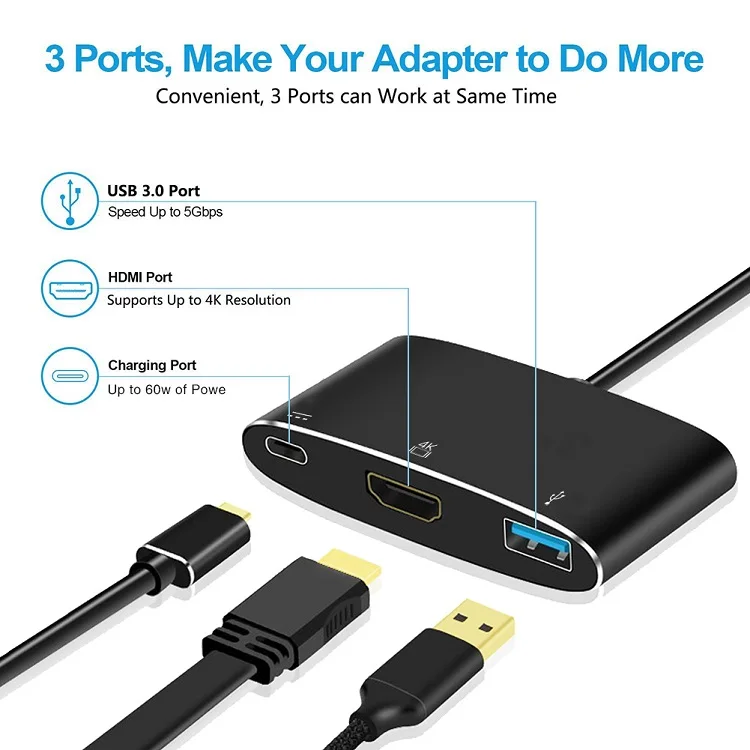  High Speed 3 in 1 USB Type C Hub to 4K USB3.0 PD Fast Charging for Macbook and Windows