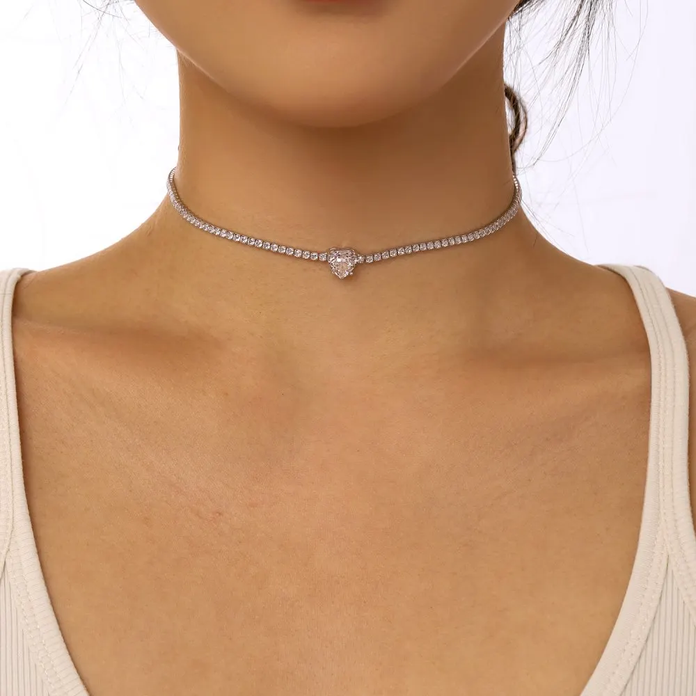 Dylam Fine Jewelry Choker Necklaces Women S925 Silver Heart Shape 2 Ct Radiant Cut 8A Cubic Zirconia Choker Tennis Necklace