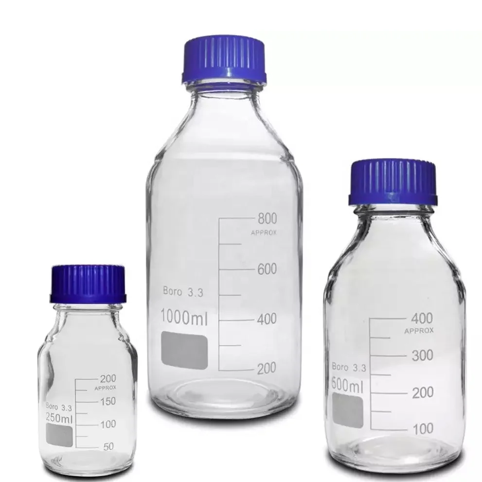 Glass Media Storage Reagent Bottle Graduation 100ml 250ml 500ml 1000ml Borosilicate Glass Bottle With Blue Cap