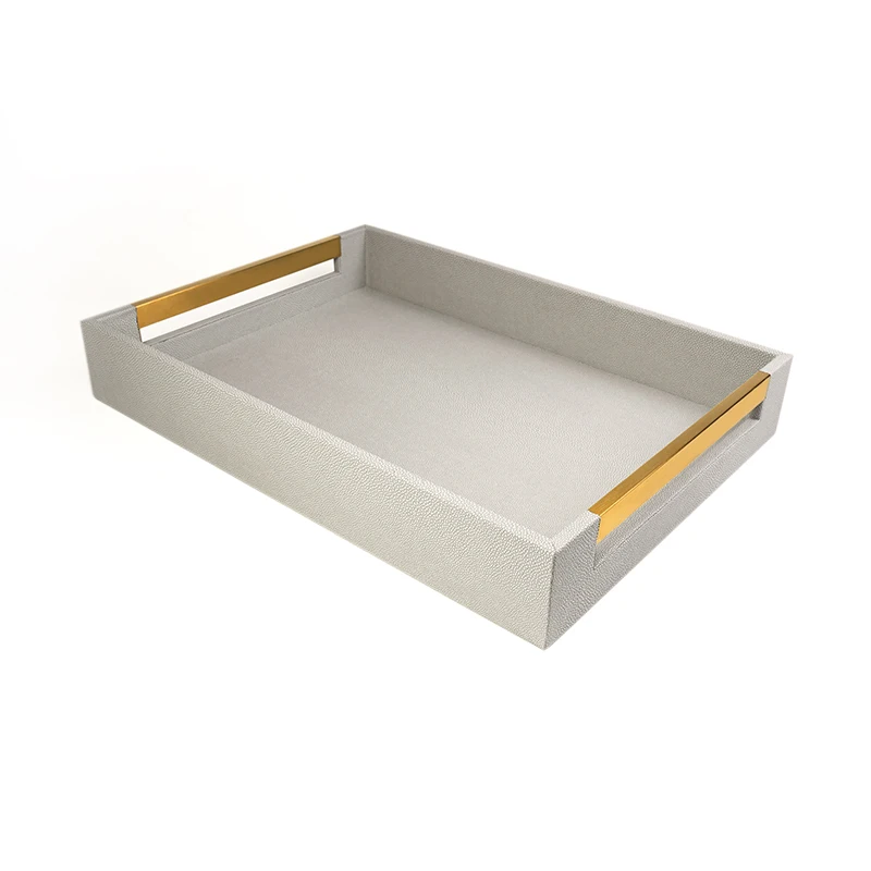 Rolling Tray Metal Handle Accessories Faux Leather Wholesales Hot Sale Custom Shagreen PU Cookies Food Serving Tray Gold Support With SABER Certificate