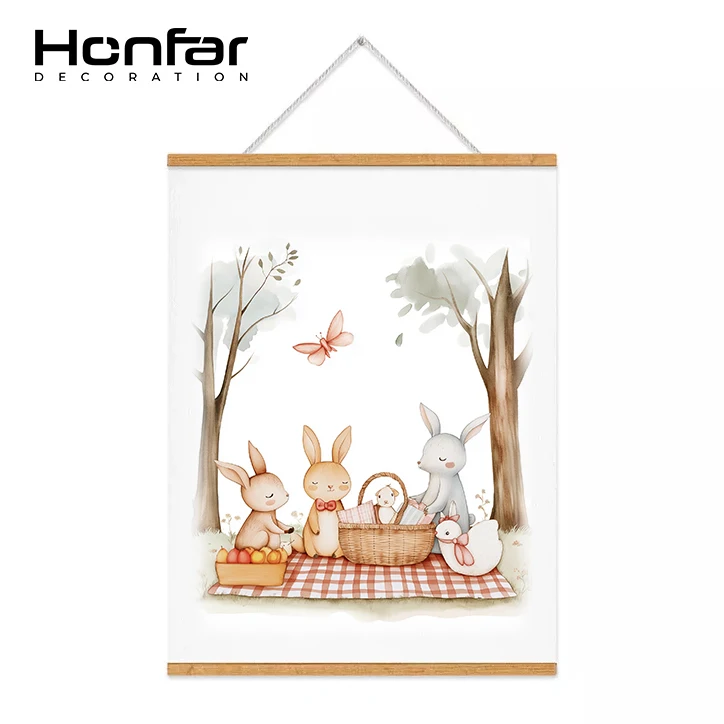 16x24 in cute Picnic Bunny Forest Baby poster banner Playroom wall art Decoration with Wooden Frame Kids for Nursery