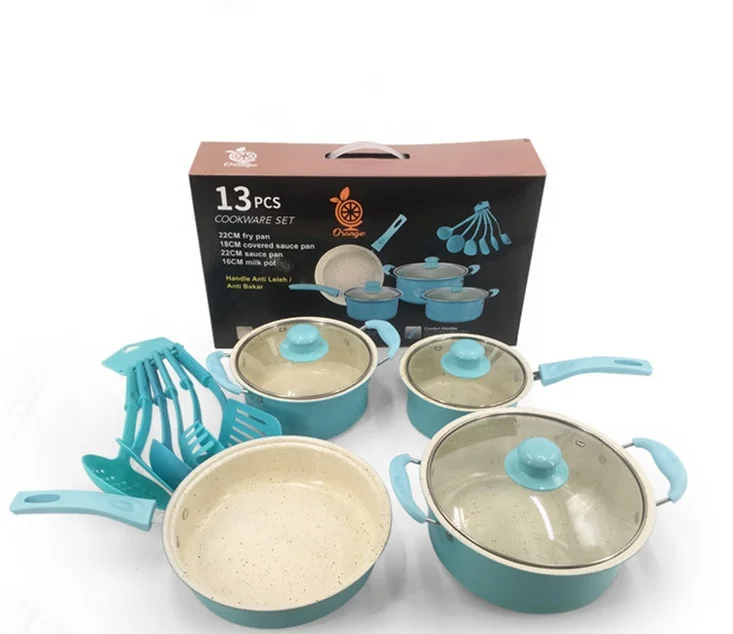 13Pcs Cookware Sets Nonstick Aluminum Green Marble Effect Coat with Tempered Glass Lid Cook Ware Set