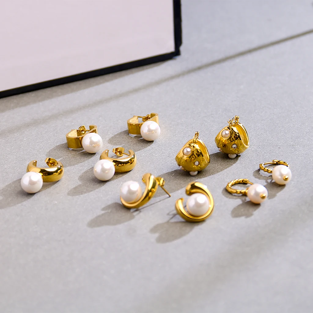 Pearl Earrings Set Lady Elegant Jewelry Manufacturer Custom Stainless Steel Gold Baroque Pearl Earrings