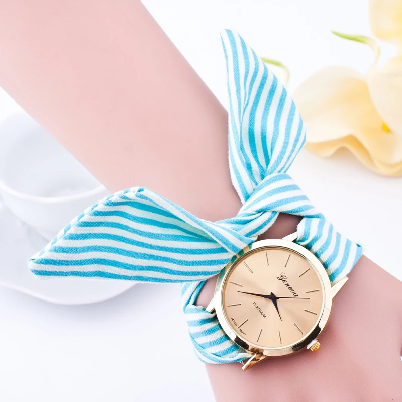 
Women Geneva Watches New Fashion Floral Cloth bow-knot Stripe Quartz Bracelet Wristwatch Lady 