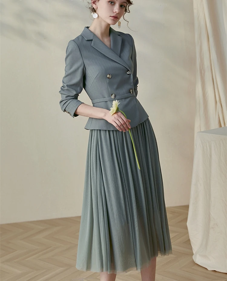 
factory custom wholesale Suit dress spring new elegant pure color waist big swing mesh skirt 