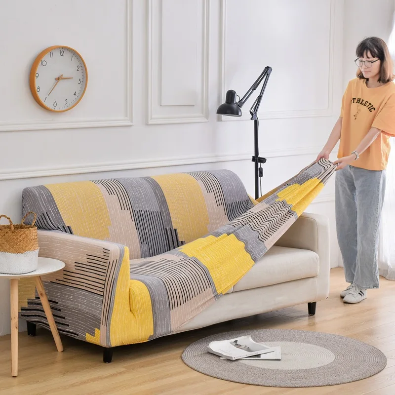 Polyester Spandex Yellow Striped Shape Waterproof Elastic Sofa Seat Covers Stretch 3 Seater