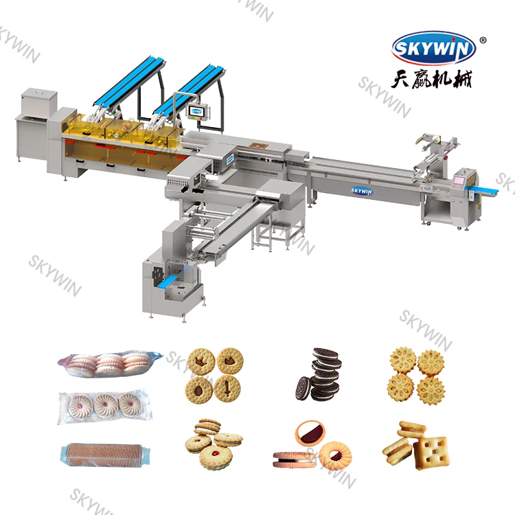 Two Lanes one colors Sandwich Biscuit Machine connect 380 Flow Packing Machine And Star Wheel Stacker Packing Table