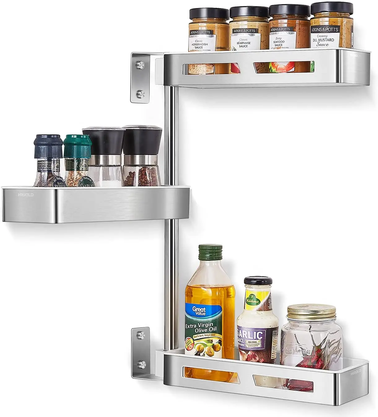 3 Tier Wall Mounted Spice Storage Holders Rotating Height-Adjustable Seasoning Organizer for Kitchen