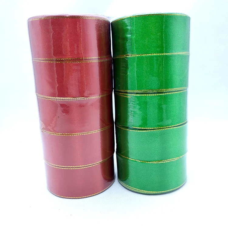 4cm Christmas Decoration Double Face Metallic Woven Gold Edged Polyester Satin Ribbon