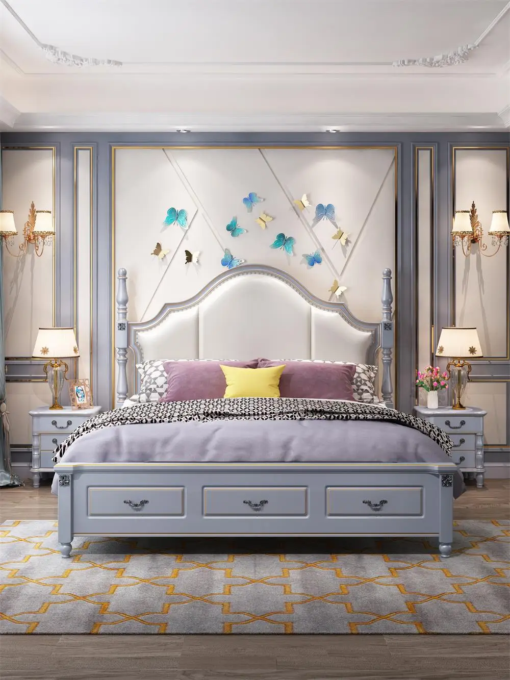 Luxury Design  Bed European Classic Royal Luxury Golden Wooden Bed Deluxe double bed