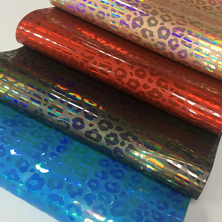 leopard pattern Metallic Holographic Reflective Pu Synthetic Faux Leather For Bags/shoes Making