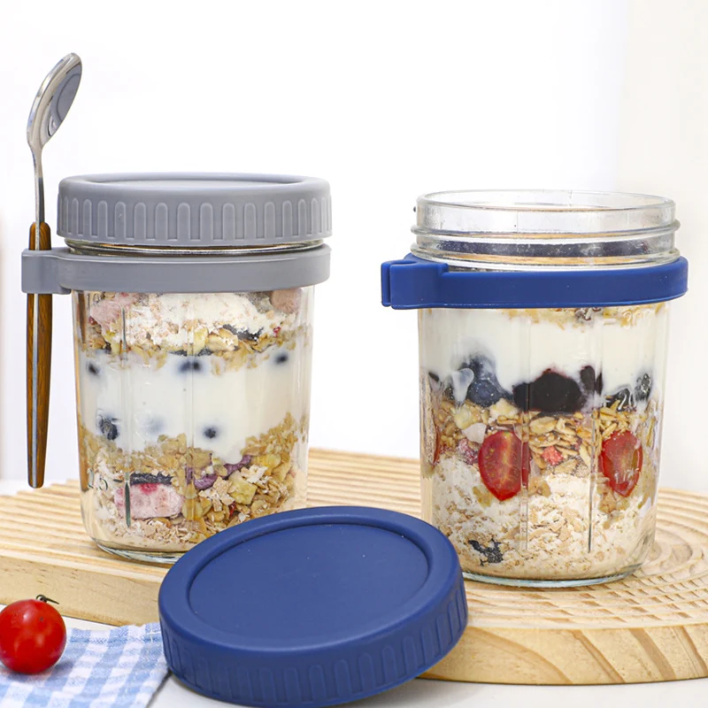 Recyclable  Overnight Oats Jars With Lid And Spoon 350ml Oatmeal Container With Measurement Marks With Lid For Cereal Milk