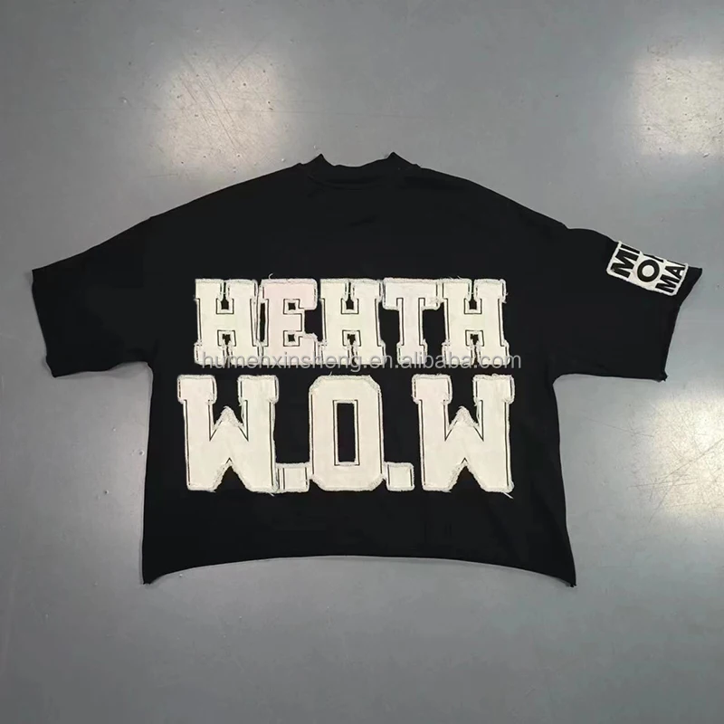 Manufacturers for customs clothes acid wash 100%cotton graphic tees applique embroidery cropped boxy t shirt men