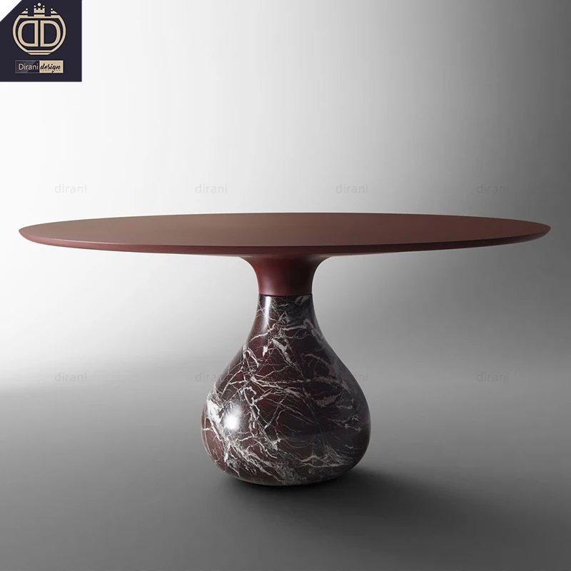 high end red luxury nature marble base wooden top round aqua roche bobois dining table Italian villa