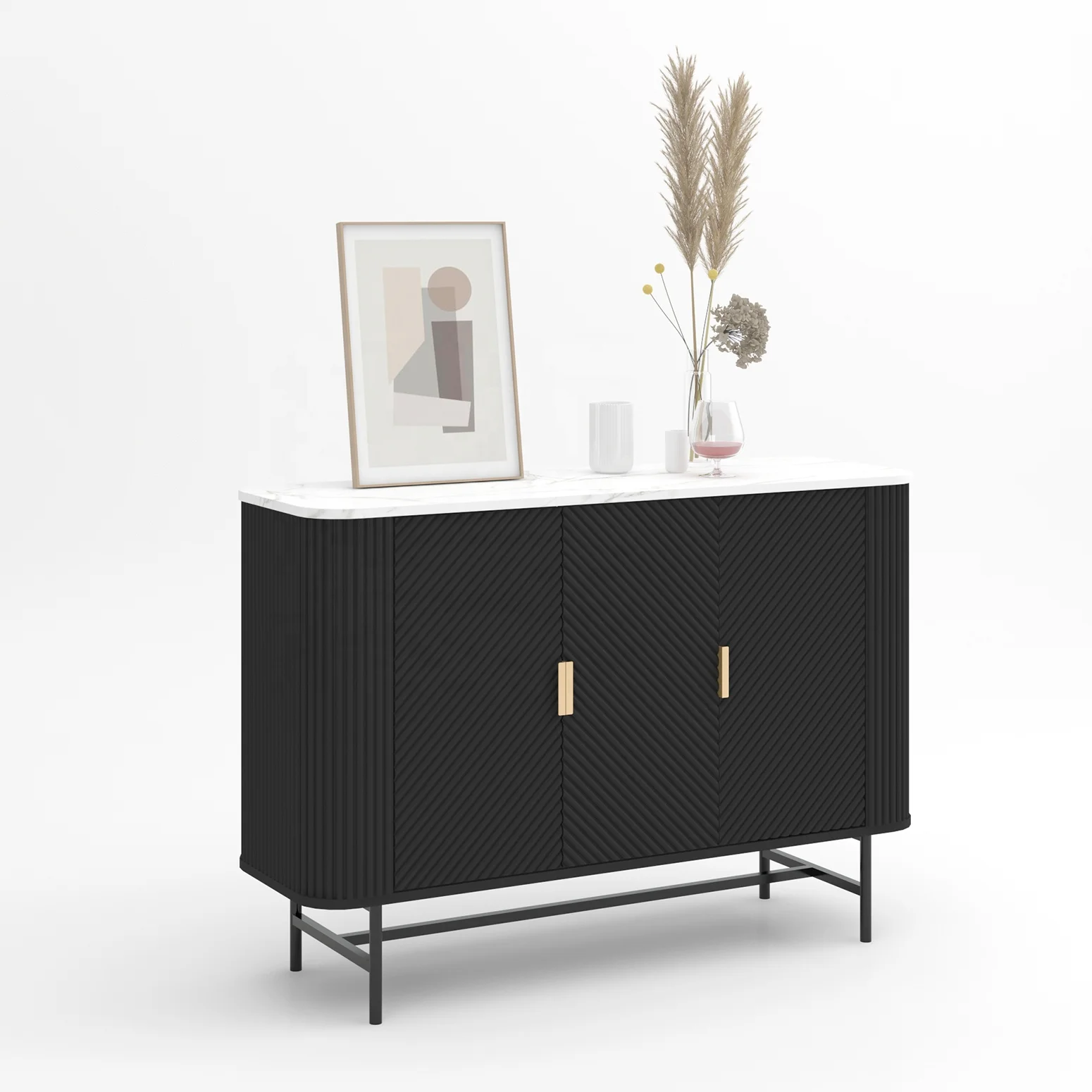 Custom luxury black kitchen dining living room cupboard metal leg wood buffet sideboard cabinet with 2 door