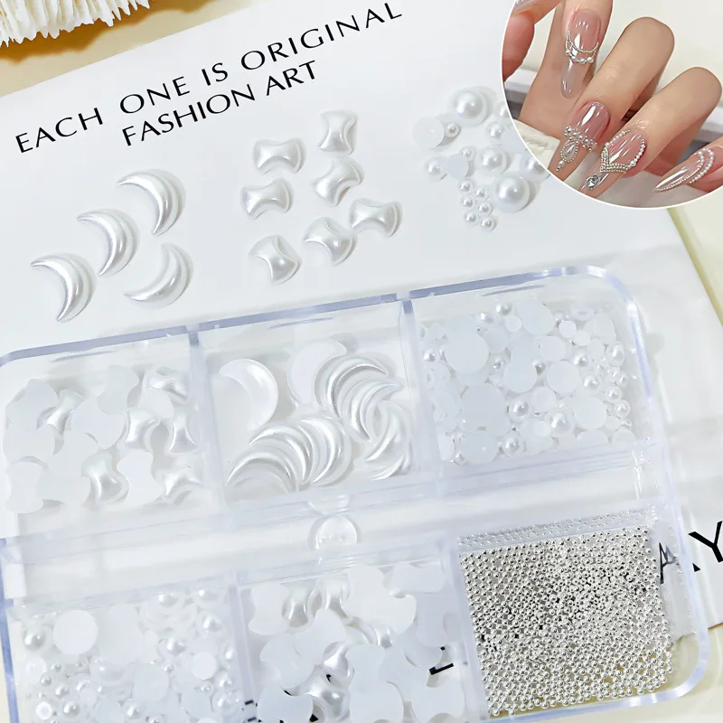 Nail art accessories with a mix of flat-bottomed pearls steel beads moon and bow decorations packaged for 3D nail embellishments