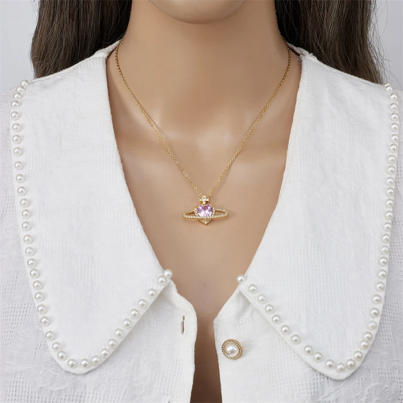 Fashion Gold Plated Brass Romantic Planet Saturn Love Heart Colorful CZ Zircon Crystal  Pendant Necklace for Women Gifts