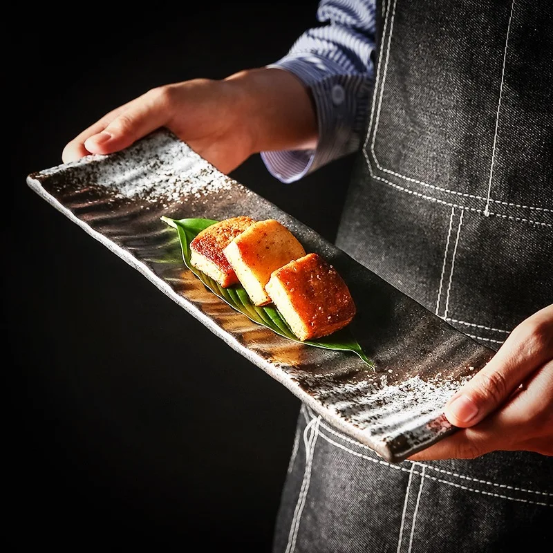 wholesale long rectangular porcelain black blue luxury soy sauce japanese ceramic sushi plate set and dishes