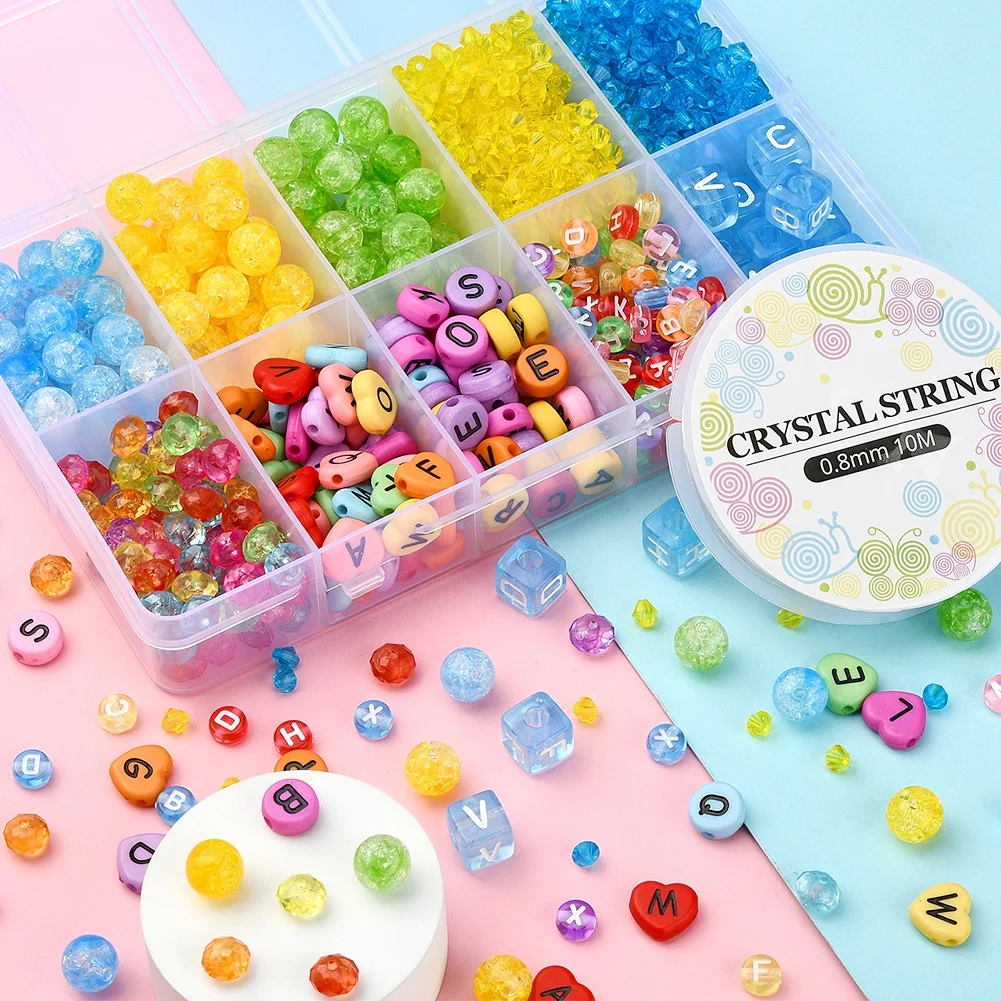 Pandahall Horizontal Hole Mixed Letters Elastic Crystal Thread Transparent & Opaque Acrylic Beads