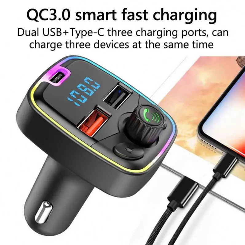 2024 Hot Car Type-c Charger Hands Free Calling Dual Usb Ports 85-108 Bt5.0 Bluetooth-mp3 Player Fm Transmitter