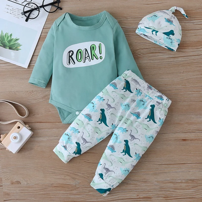 Spring Autumn Baby Clothes Sets Baby Boy Girl Clothes 3pcs Cotton Letter Long Sleeve Romper+cartoon Dinosaur Trousers+hat 3-18M