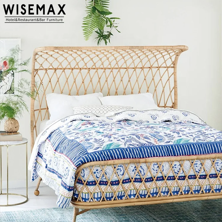 Лидер продаж, Современная рама из ротанга с изголовьем кровати большого размера в натуральном дизайне для гостиничной спальни