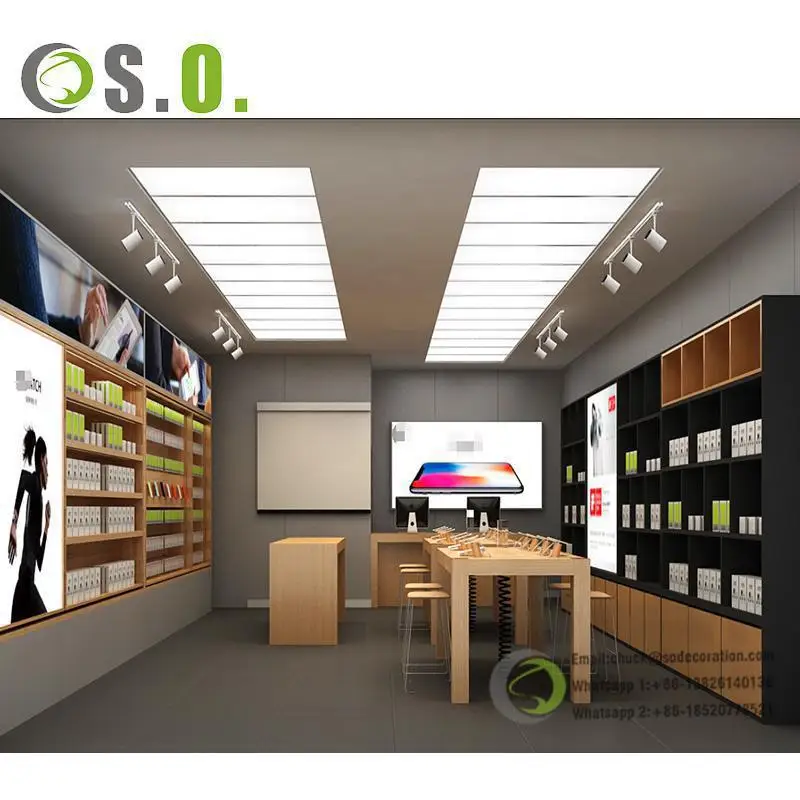 Trendy  Wooden Cell Phone Shop Design  Custom Led Lighting Display Showcase Mobile Phone Store Furniture