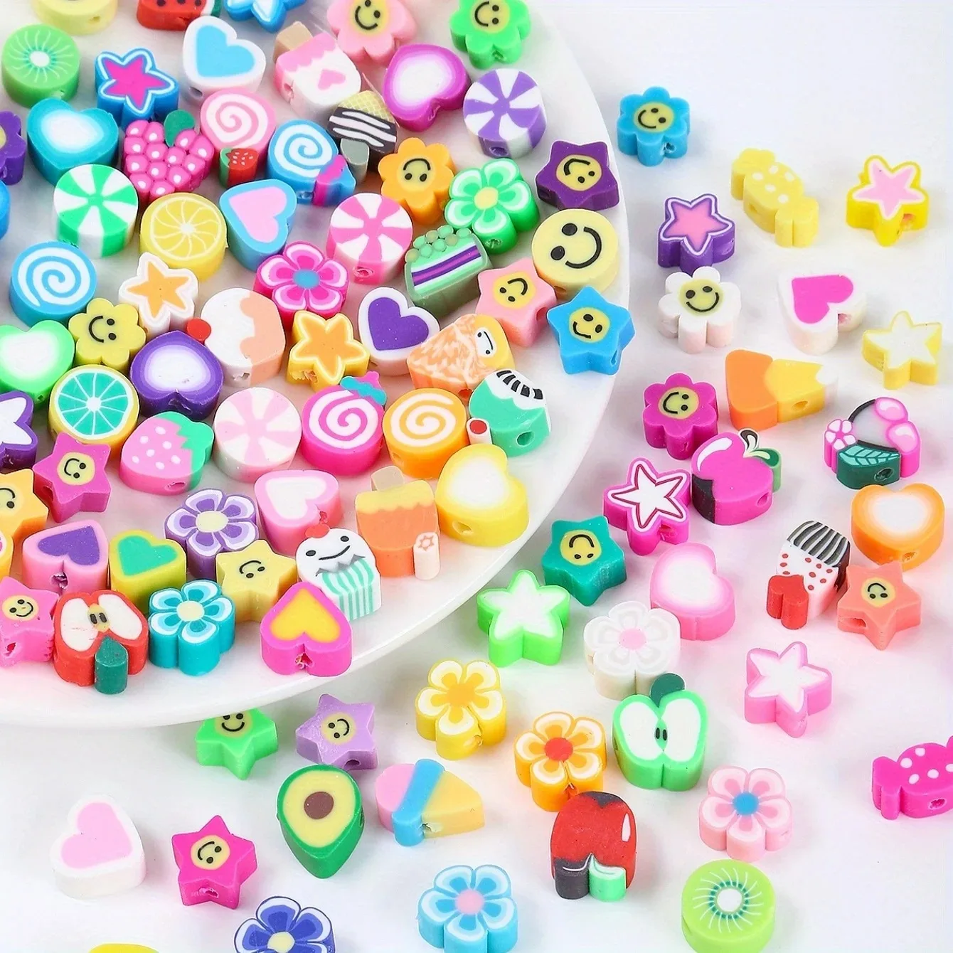 100pcs/bag 10mm star heart love devil eye rainbow smile polymer clay loose bead craft for bracelet necklace making