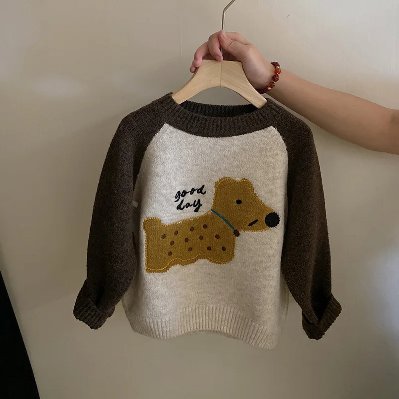 Fashion cartoon dog sweater plus velvet plaid wide-leg pants for children fashion kid clothes Suits girls boutique clothing sets