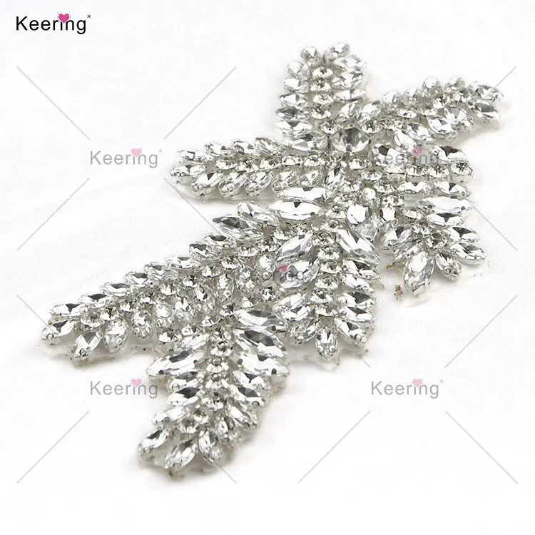 HOT WRA-1037 Keering A Class Crystal Cloth Bling Rhinestone Iron-On Neckline Hot Fix Applique For Dress