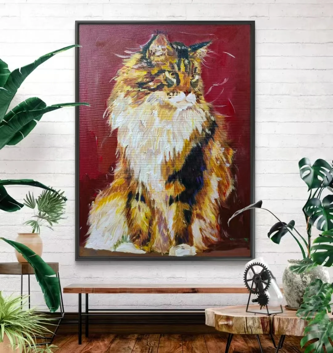 Handmade 100% Impressionist Oil Painting Animal-themed Pet Cat  Portrait on Canvas Framed Anime Design Style Gift