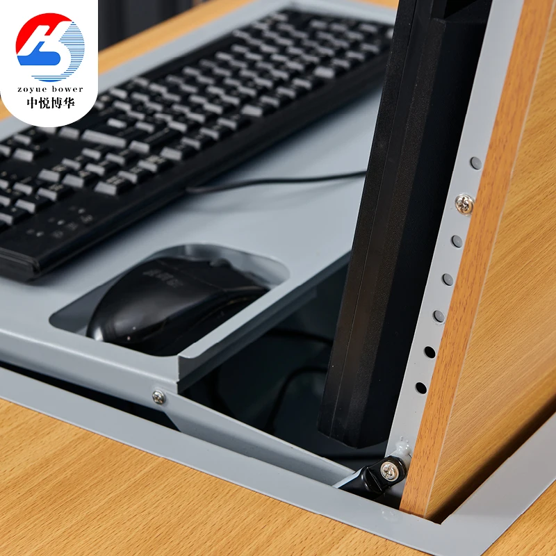 Multimedia Classroom Desk LCD Monitor Keyboard Mouse Hidde inside Safe Lockable Computer Desk Flip Up Desktop