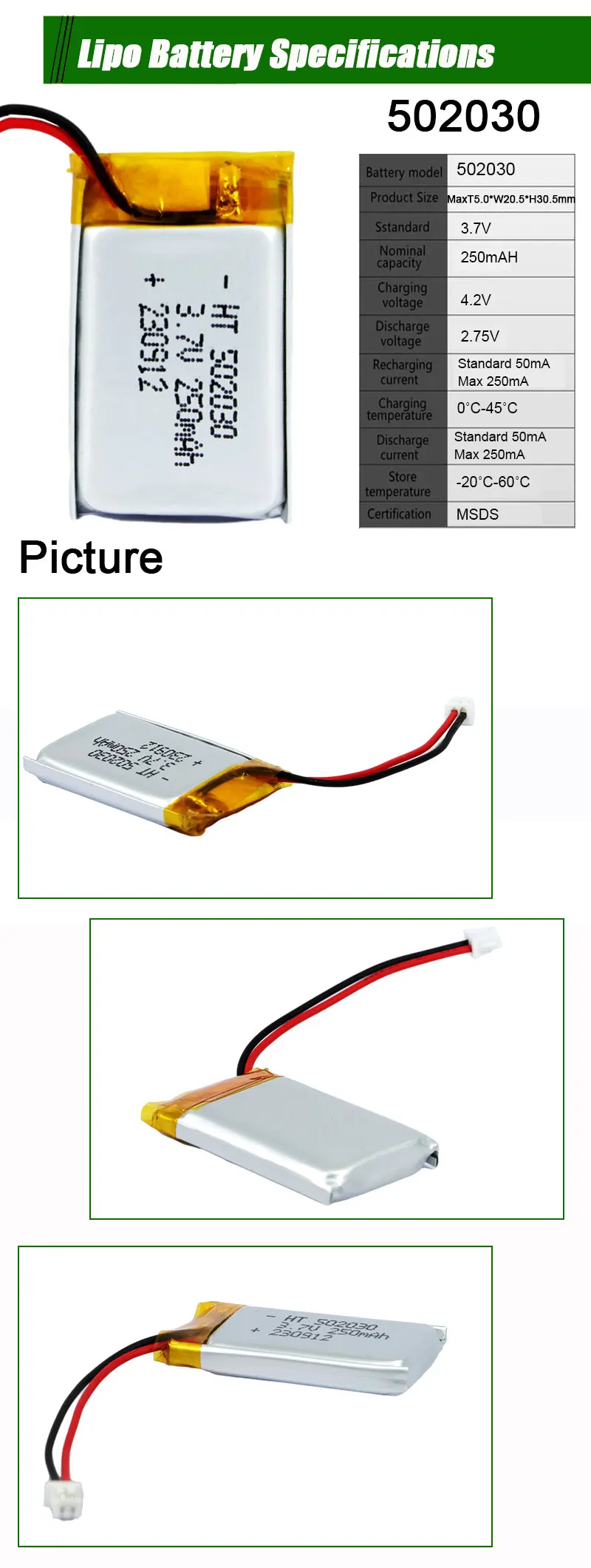 Wholesale Customized Lipo Batteries 502030 250mAH 3.7v Rechargeable Lithium Polymer Battery For Shaver