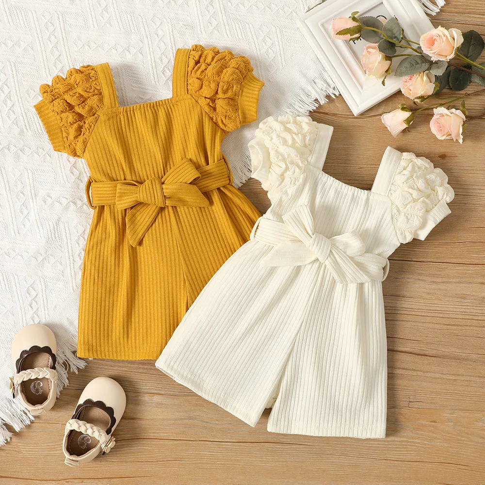 Cross border baby summer style small square neck bubble sleeve belt fashionable jumpsuit shorts