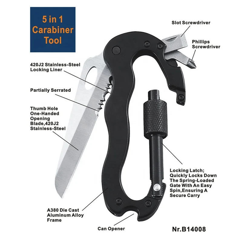 5 in 1 Multifunctional Portable Carabiner Buckle Lock Tactical Knife Outdoor Sports Camping Climbing Survival Hand Tools
