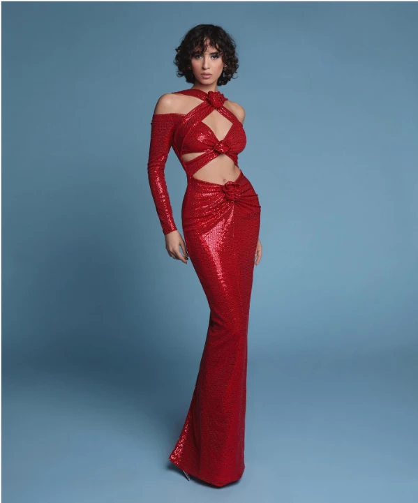 A9100 European Style Hollow Out Women Maxi Prom Dress Red Sequined Ladies Evening Party Dress