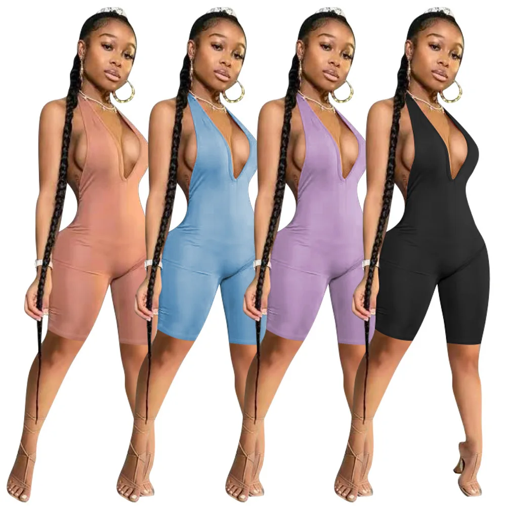 New product milk silk solid color deep V halterneck jumpsuit open back sexy jumpsuit