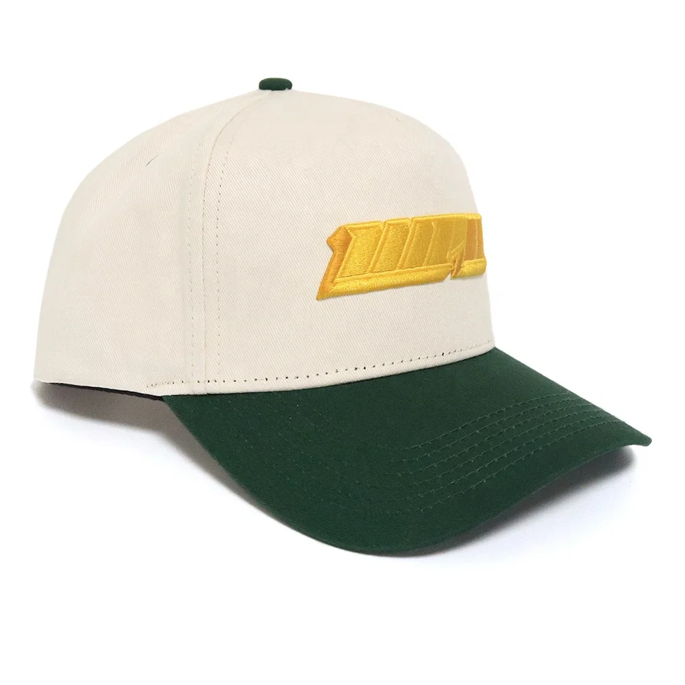 custom 100% cotton twill 5 panel 3d puff embroidered logo baseball cap a frame baseball caps cream and green hats
