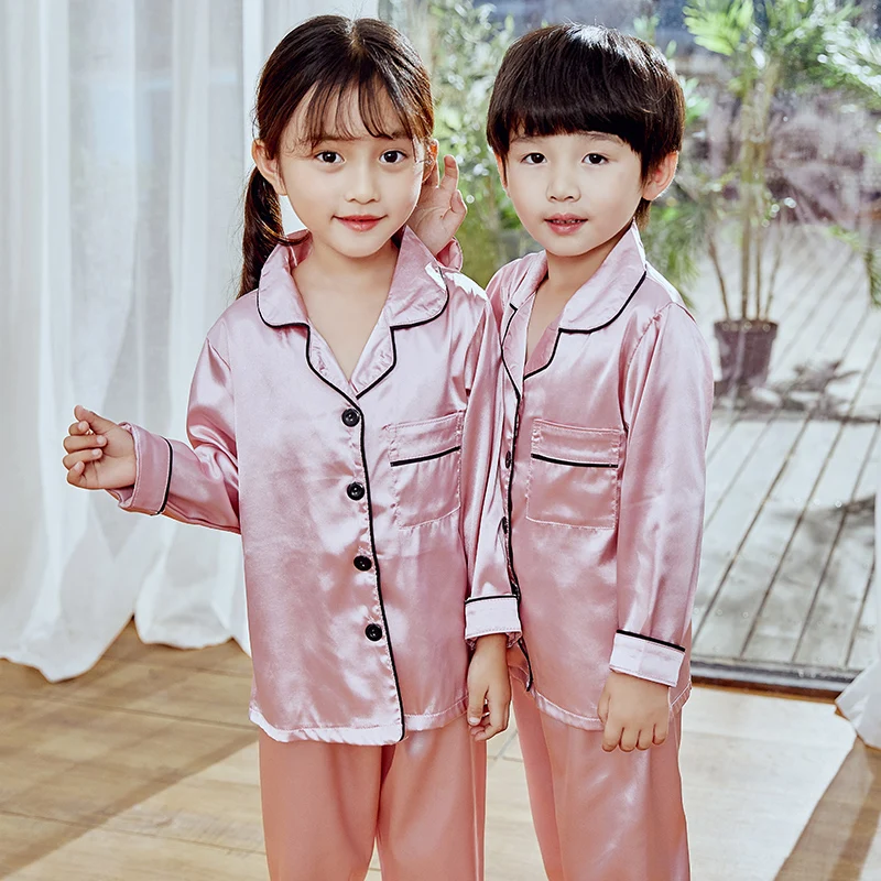 High quality Satin Pajamas Little Girls Boys Classic Silk night Sleepwear Set Clothes Long Sleeve Kid