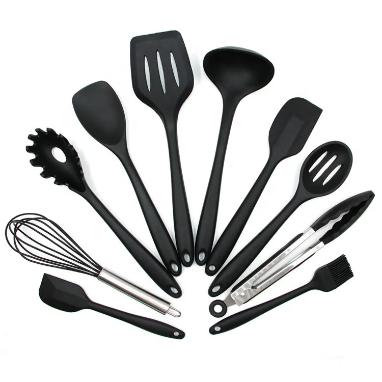 Eco friendly black modern outdoor camping newest heat resistant wooden handle silicone kitchenware