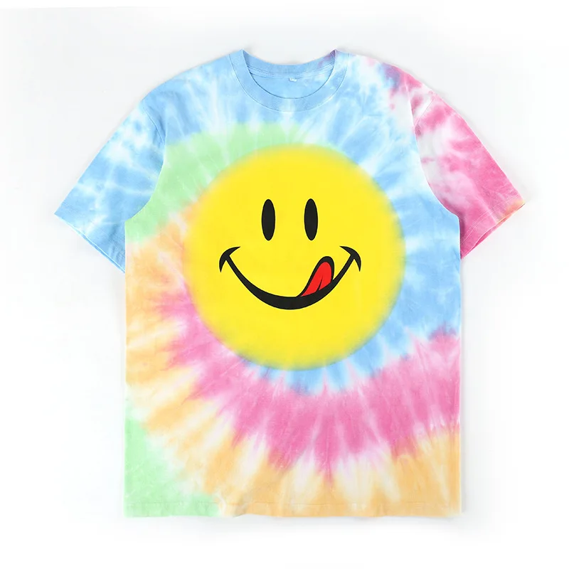Hot sales 2021 new styles fashion brand smiley printed cotton 210GSM loose INS tie-dye short sleeve T shirt for men